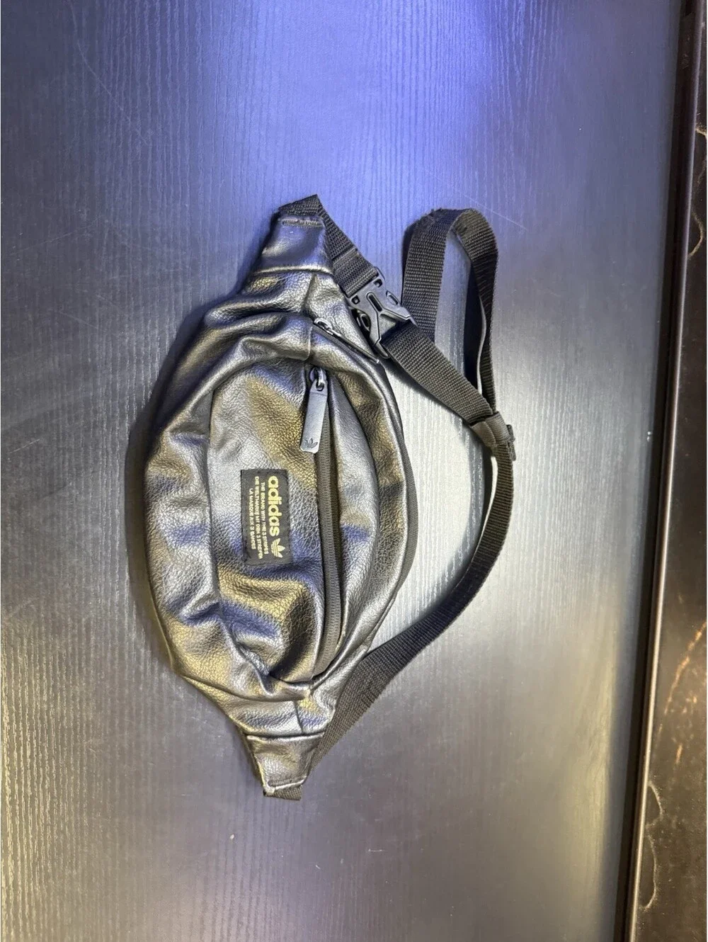 Vintage Adidas Faux Leather Black Fanny Pack Waist Bag Model 9028 Trefoil